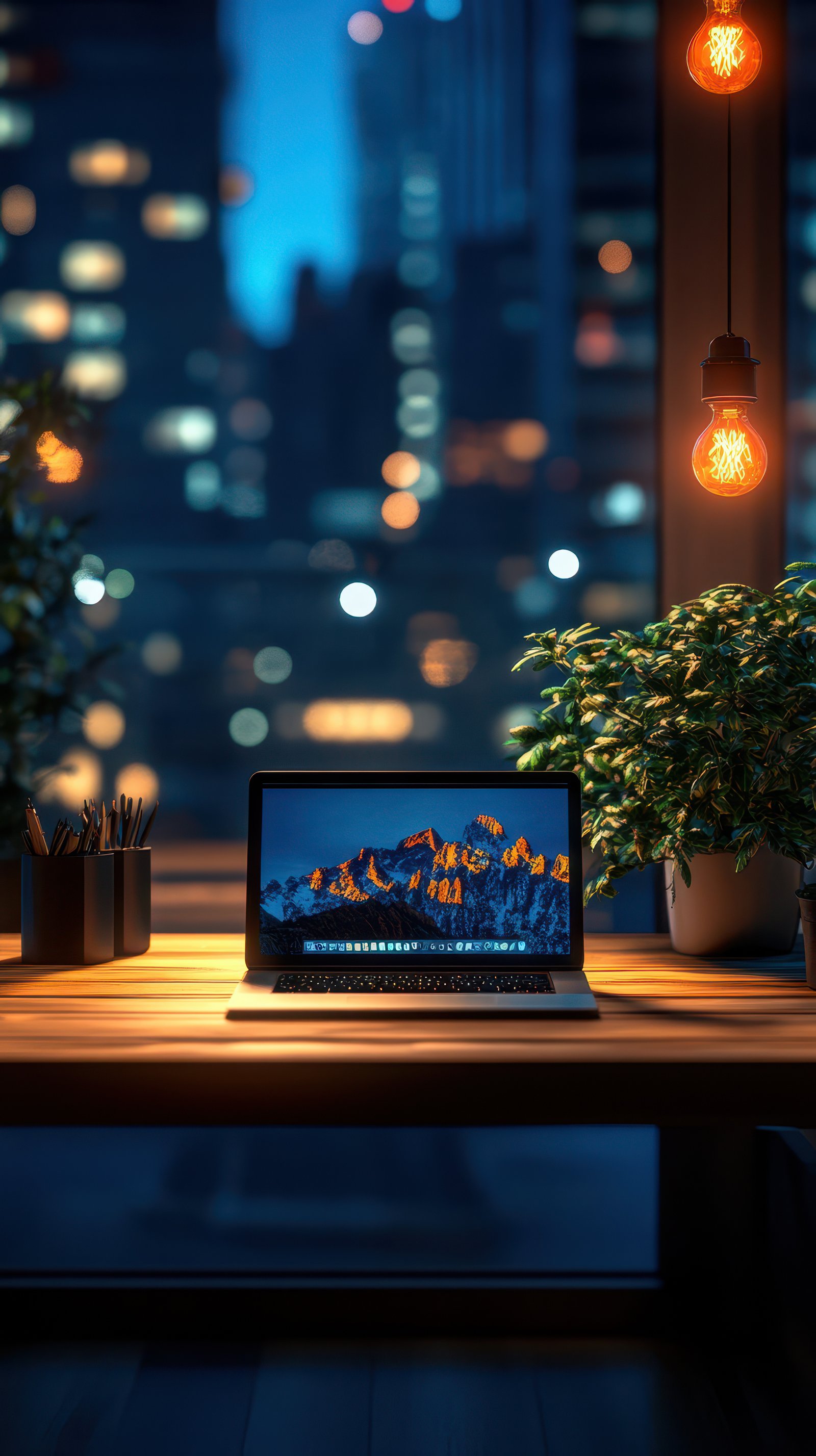 Cozy workspace with laptop and plants against a city skyline at night